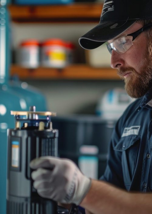 A plumber adjusting a water softener system in a family home.